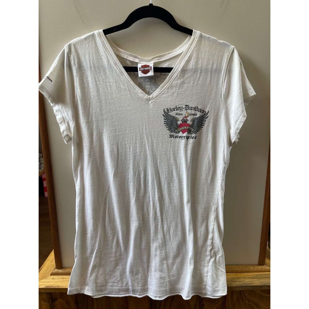 Harley-Davidson Graphic Tee Women XL White Excellent V-Neck Biker Rhinestone Top
